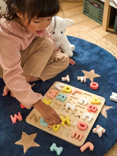 Wooden Alphabet Puzzle Board - FSC® Certified Wood Multi+PINK LIGHT SOLID WITH DESIGN 