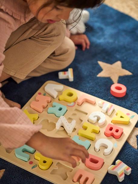 Wooden Alphabet Puzzle Board - FSC® Certified Wood Multi+PINK LIGHT SOLID WITH DESIGN 