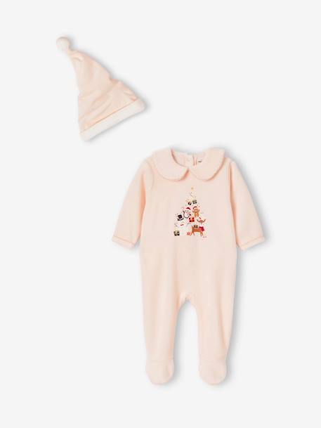 Christmas Sleepsuit & Hat in Velour for Baby Girls pale pink 