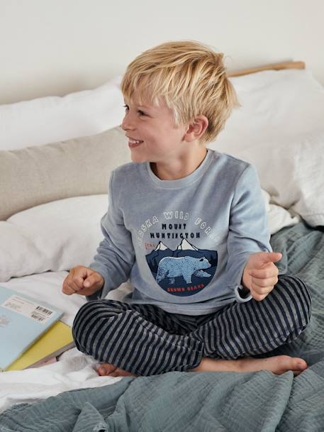 Pack of 2 'Nature' Pyjamas in Velour for Boys BLUE DARK SOLID WITH DESIGN 