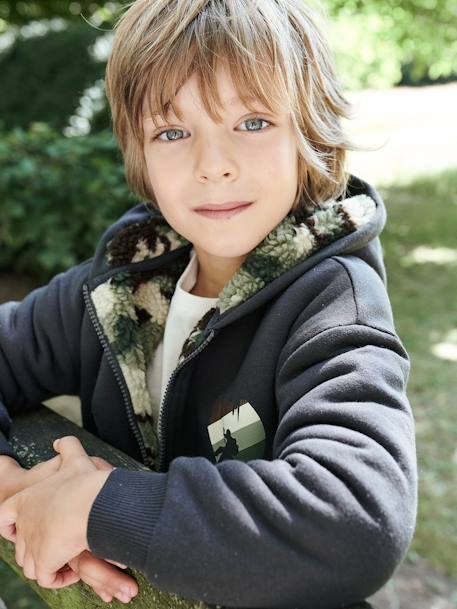 Zipped Jacket, Camouflage Sherpa Lining, for Boys GREY DARK SOLID WITH DESIGN 