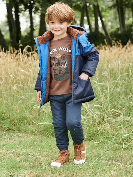 Technical Parka with Hood for Boys BLUE BRIGHT SOLID WITH DESIGN+BROWN MEDIUM SOLID WITH DESIGN 