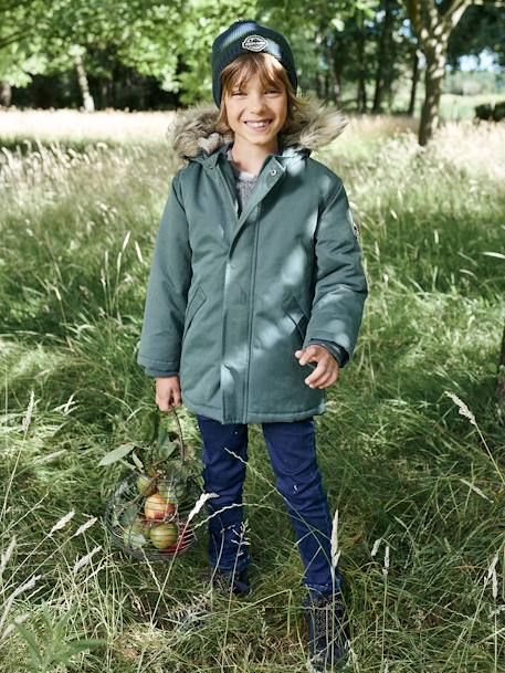 Hooded Parka with Sherpa Lining & Recycled Polyester Padding, for Boys BLUE DARK SOLID WITH DESIGN+BROWN DARK SOLID WITH DESIGN+GREEN MEDIUM SOLID WITH DESIG 