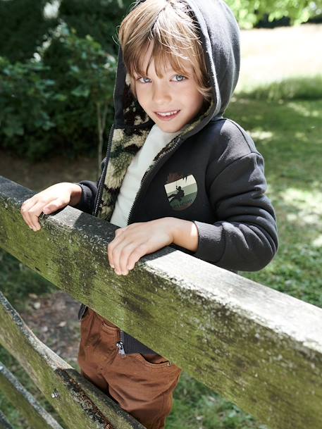 Zipped Jacket, Camouflage Sherpa Lining, for Boys GREY DARK SOLID WITH DESIGN 