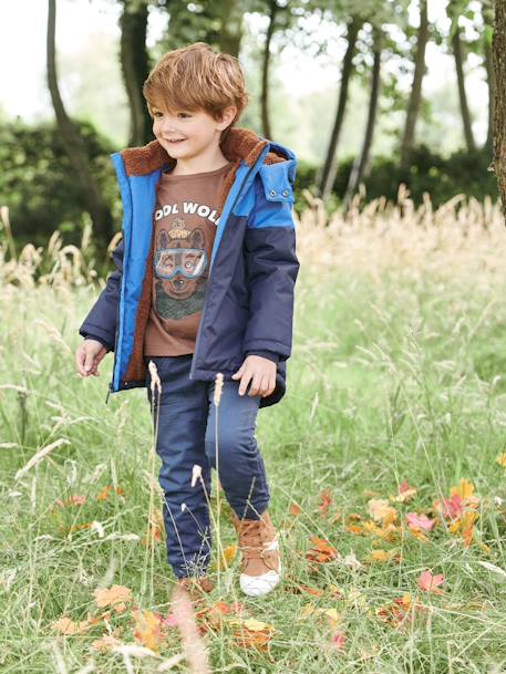 Technical Parka with Hood for Boys BLUE BRIGHT SOLID WITH DESIGN+BROWN MEDIUM SOLID WITH DESIGN 