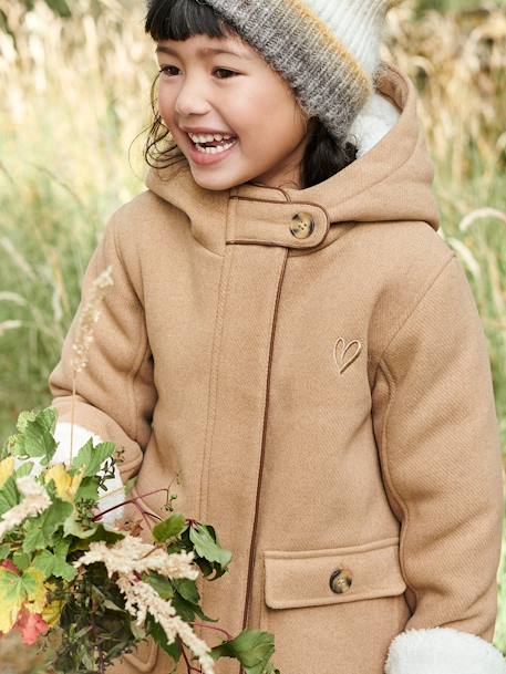 Woollen Coat with Hood & Sherpa Lining for Girls BEIGE MEDIUM SOLID WITH DECOR+GREEN DARK SOLID WITH DESIGN 