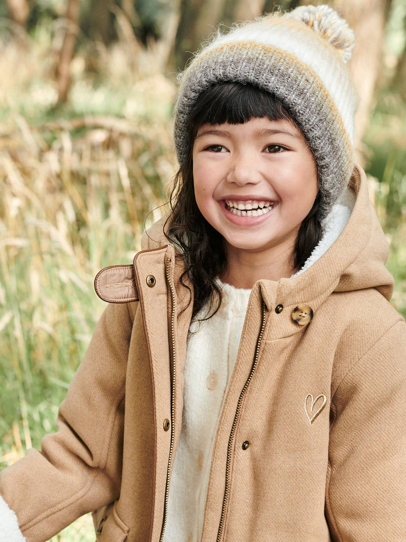 Woollen Coat with Hood Sherpa Lining for Girls beige medium