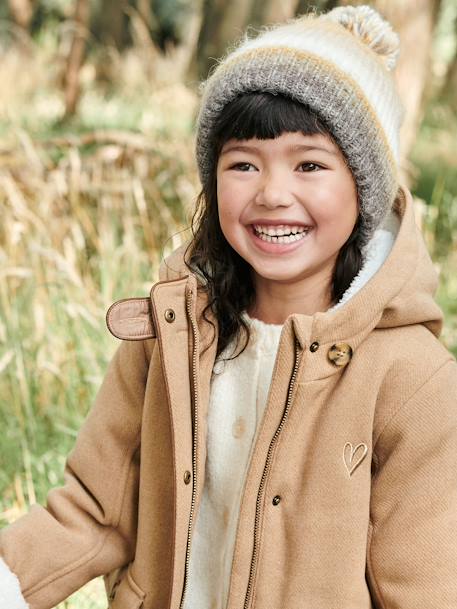 Woollen Coat with Hood & Sherpa Lining for Girls BEIGE MEDIUM SOLID WITH DECOR+GREEN DARK SOLID WITH DESIGN 