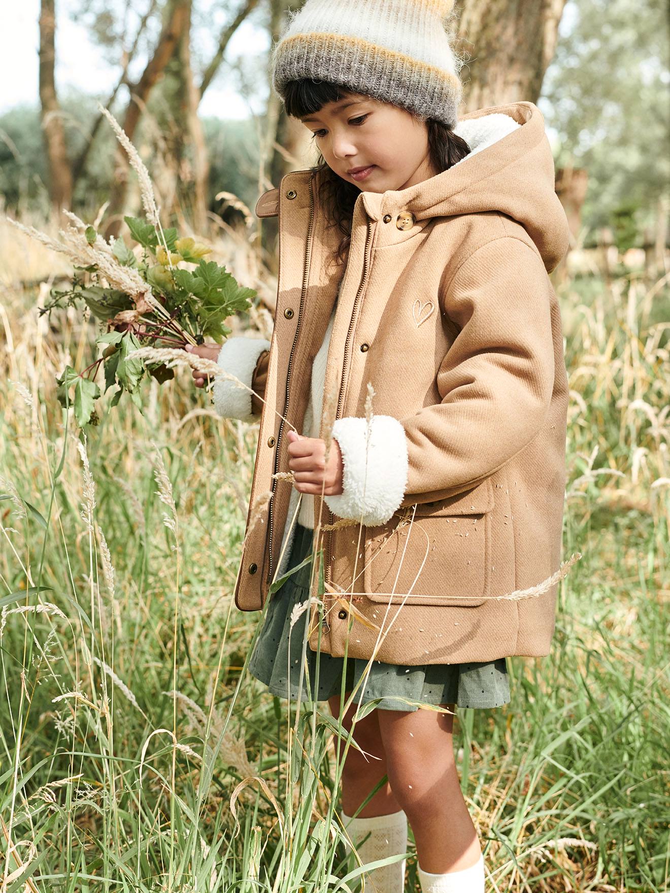 Woollen Coat with Hood & Sherpa Lining for Girls - beige medium