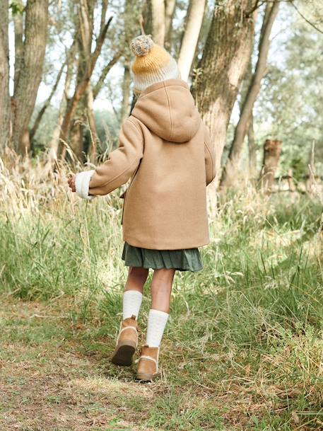 Woollen Coat with Hood & Sherpa Lining for Girls BEIGE MEDIUM SOLID WITH DECOR+GREEN DARK SOLID WITH DESIGN 