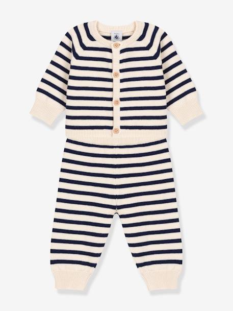 Striped 2-Piece Set for Babies, in Wool & Cotton Knit, by Petit Bateau printed white 