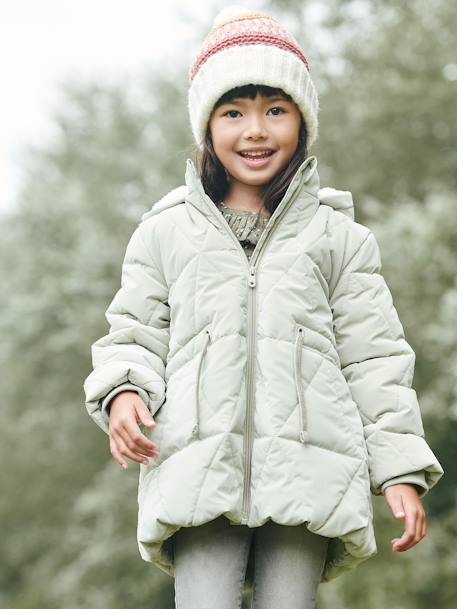 Padded Coat with Hood & Sherpa Lining for Girls BLUE DARK ALL OVER PRINTED+GREEN MEDIUM SOLID 