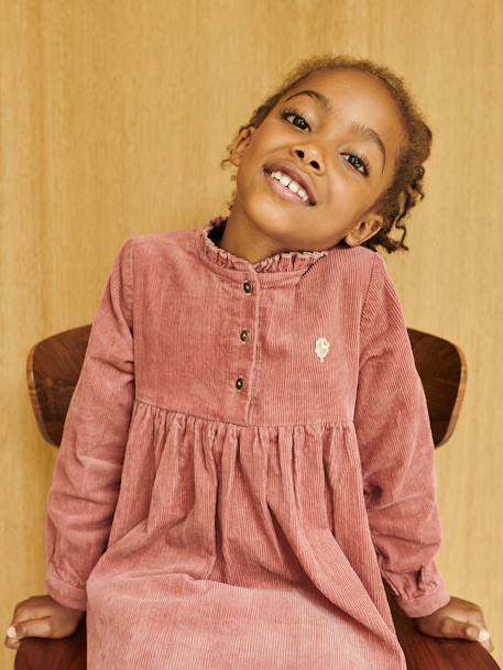 Corduroy Dress with Frilled Collar for Girls BROWN MEDIUM SOLID 