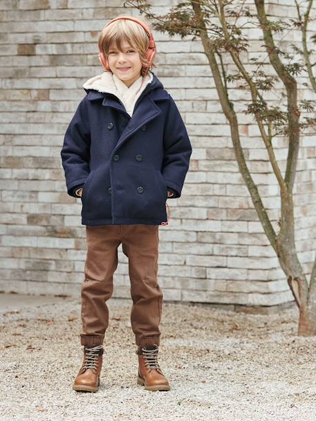 Peacoat with Hood & Sherpa Lining for Boys BLUE DARK SOLID WITH DESIGN 