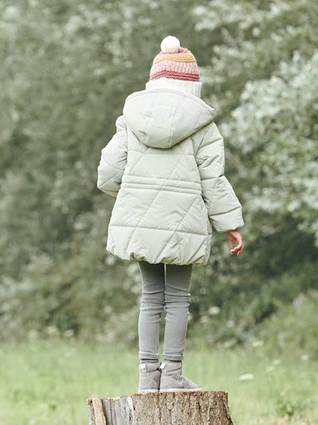 Padded Coat with Hood & Sherpa Lining for Girls BLUE DARK ALL OVER PRINTED+GREEN MEDIUM SOLID 