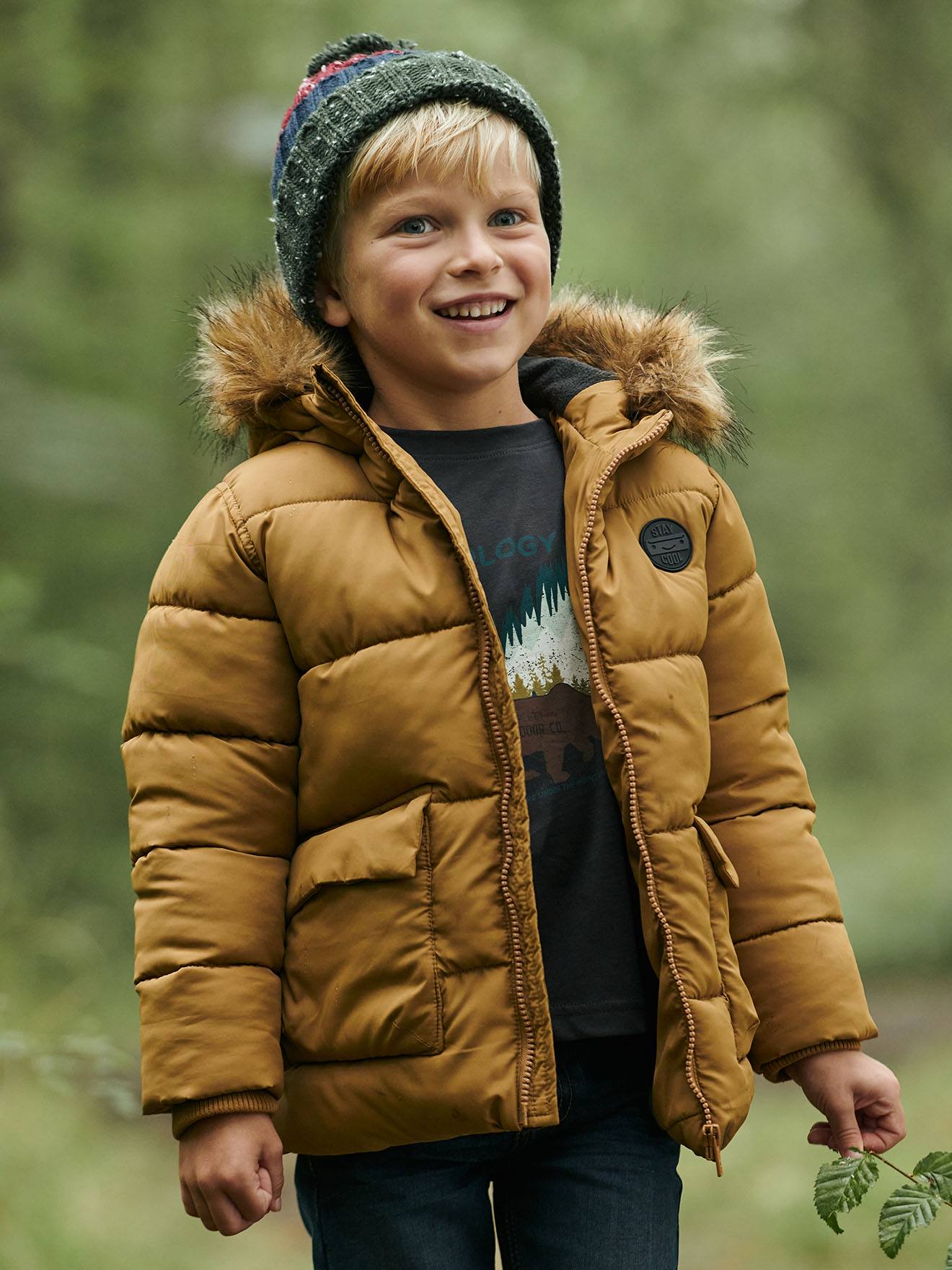 Hooded Jacket Lined in Polar Fleece with Gloves for Boys brown medium solid with design