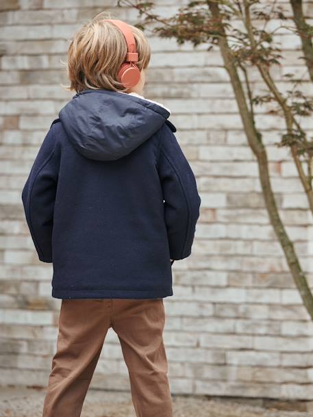 Peacoat with Hood & Sherpa Lining for Boys BLUE DARK SOLID WITH DESIGN 