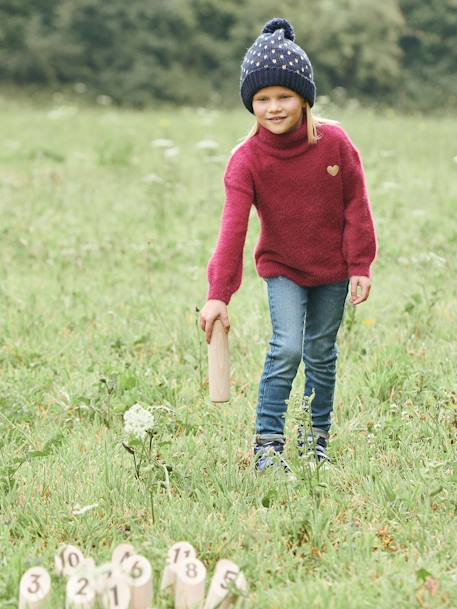 Beanie + Snood + Gloves with Hearts Set for Girls BLUE DARK ALL OVER PRINTED+PINK LIGHT SOLID WITH DESIGN 