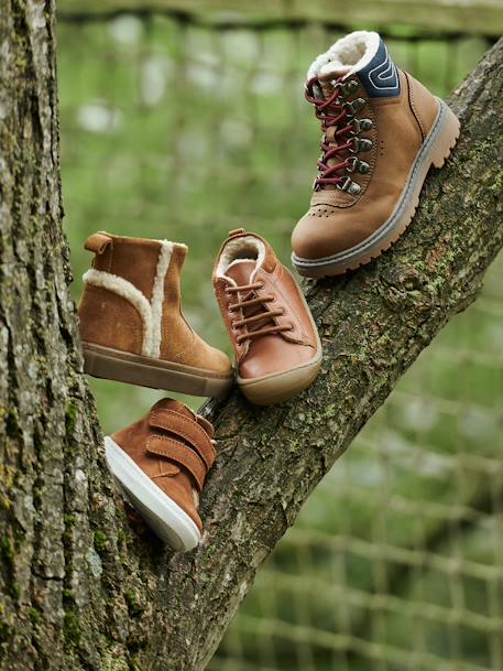 Soft Leather Ankle Boots with Laces & Faux Fur for Baby, Designed for Crawling Babies BROWN MEDIUM SOLID 