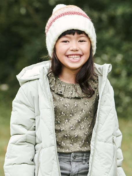 Padded Coat with Hood & Sherpa Lining for Girls BLUE DARK ALL OVER PRINTED+GREEN MEDIUM SOLID 