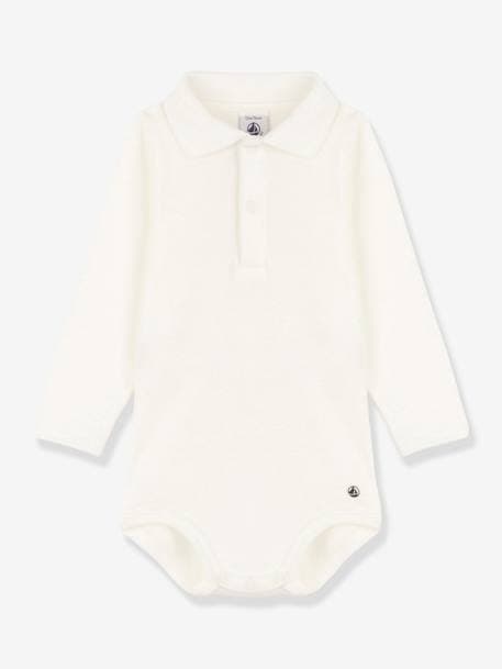 Long Sleeve Organic Cotton Bodysuit with Polo Shirt Collar, by Petit Bateau ecru 