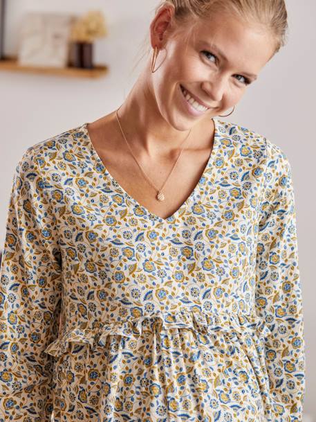 Printed Blouse with Ruffle, Maternity & Nursing Special BEIGE LIGHT ALL OVER PRINTED 