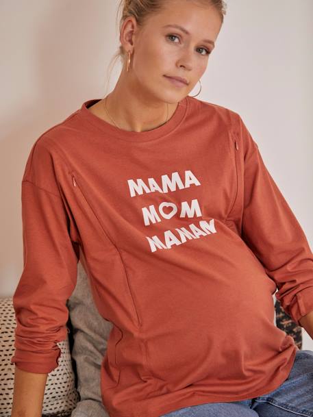 T-Shirt with Message, Maternity & Nursing BROWN MEDIUM SOLID WITH DESIGN 