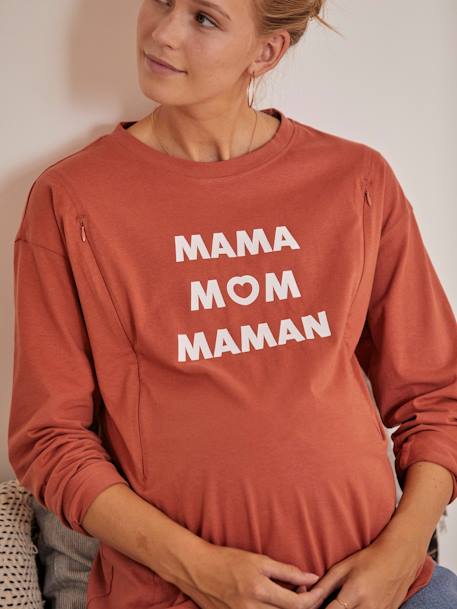T-Shirt with Message, Maternity & Nursing BROWN MEDIUM SOLID WITH DESIGN 