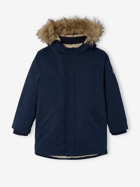 Hooded Parka with Sherpa Lining & Recycled Polyester Padding, for Boys BLUE DARK SOLID WITH DESIGN+BROWN DARK SOLID WITH DESIGN+GREEN MEDIUM SOLID WITH DESIG 