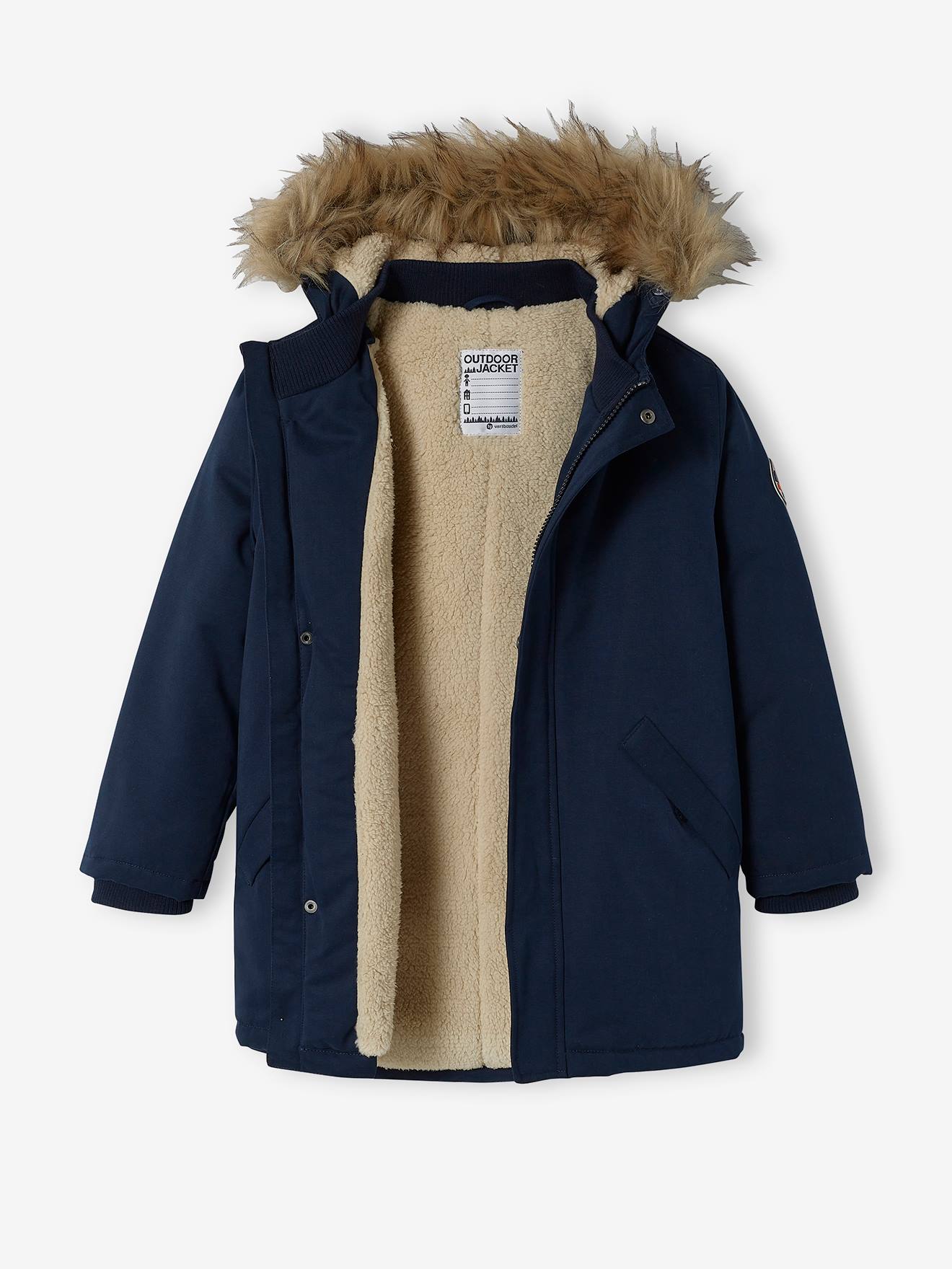 Hooded Parka with Sherpa Lining Recycled Polyester Padding for Boys blue dark solid with design