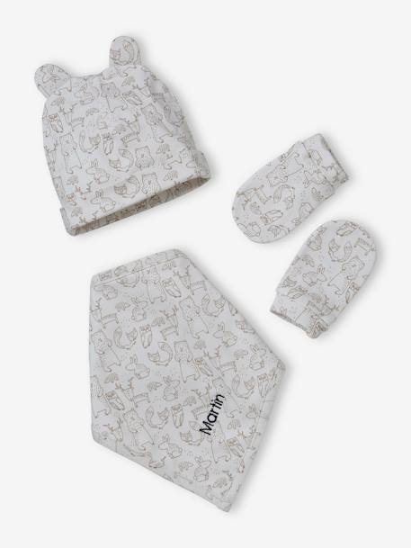 Beanie + Mittens + Scarf + Pouch in Printed Jersey Knit, for Babies taupe 