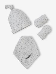 Baby-Accessories-Hats, Scarves, Gloves-Beanie + Mittens + Scarf + Pouch in Printed Jersey Knit, for Baby Girls