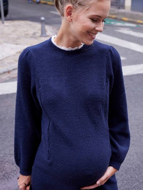 Jumper Dress with Broderie Anglaise Collar, Maternity & Nursing Special BLUE DARK SOLID 