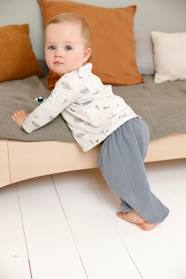 -Cotton Gauze Trousers with Striped Lining for Newborn Babies