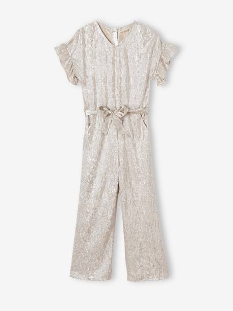 Occasion Wear, Short Ruffled Sleeve Jumpsuit in Lamé for Girls gold 