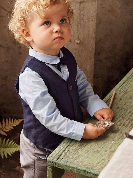 Occasion Wear Outfit : Waistcoat + Shirt + Bow Tie + Trousers, for Boys Dark Blue 