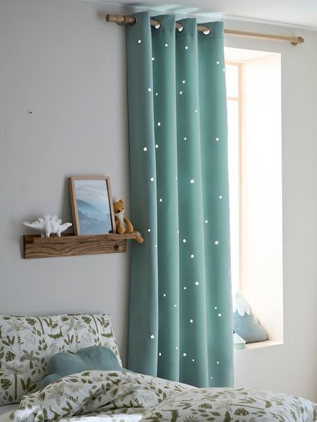 Blackout Curtain with Eyelets & Perforated Motifs Dark Blue+GREEN MEDIUM SOLID WITH DESIG+Green/Print+Grey/Print+mustard+Pink/Print 