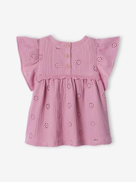 Cotton Gauze Blouse with Embroidered Flowers for Girls ecru+mauve 