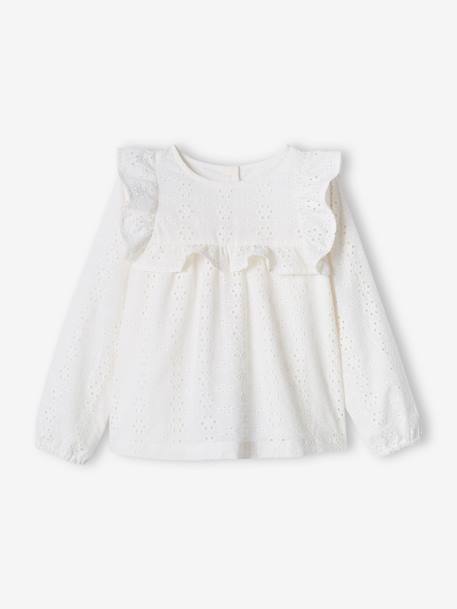 Blouse with Ruffles in Broderie Anglaise, for Girls coral+ecru+sky blue 