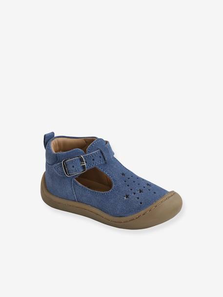 Soft Leather Pram Shoes for Babies, Designed for Crawling denim blue 