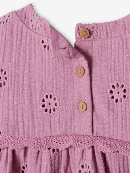 Cotton Gauze Blouse with Embroidered Flowers for Girls ecru+mauve 