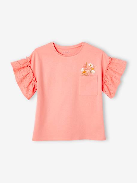 T-Shirt with Ruffled Sleeves in Broderie Anglaise for Girls ecru+peach 