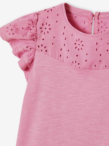 T-Shirt for Girls, with Broderie Anglaise and Ruffled Sleeves BLUE MEDIUM SOLID+coral+fuchsia+Light Green+mauve+White 