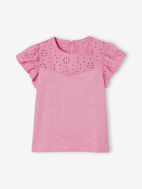 T-Shirt for Girls, with Broderie Anglaise and Ruffled Sleeves BLUE MEDIUM SOLID+coral+fuchsia+Light Green+mauve+White 