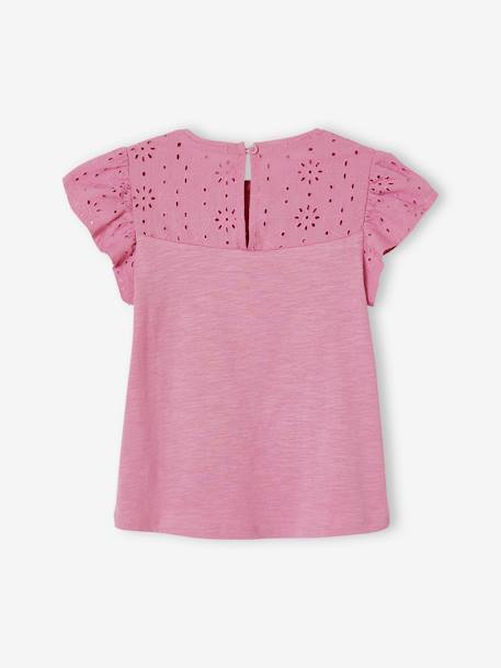 T-Shirt for Girls, with Broderie Anglaise and Ruffled Sleeves BLUE MEDIUM SOLID+coral+fuchsia+Light Green+mauve+White 