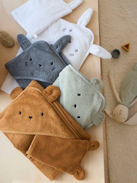 Bath Cape + Wash Mitt, in Organic Cotton BROWN MEDIUM SOLID+GREEN LIGHT SOLID+GREY DARK SOLID+White 