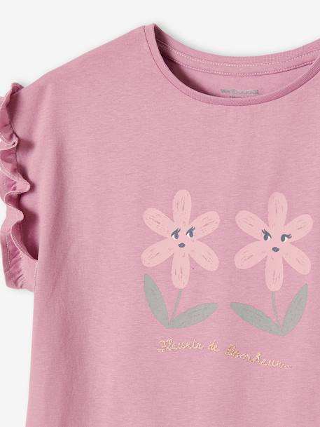 T-Shirt with Iridescent Motif & Short Ruffled Sleeves for Girls ecru+mauve+navy blue+pale yellow+peach 