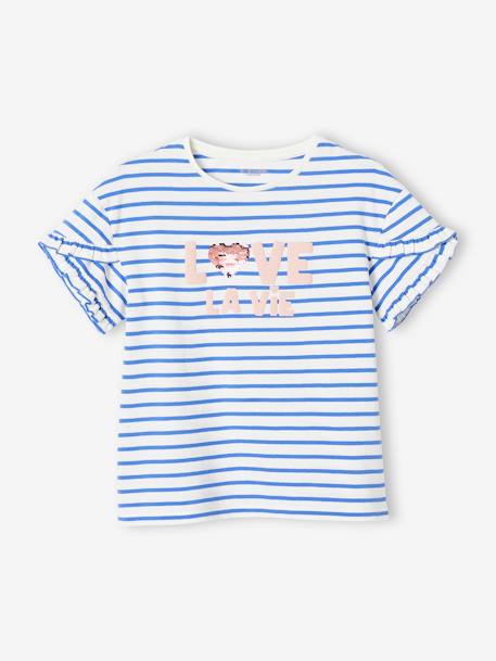 Striped T-Shirt, Sequinned Heart, for Girls navy blue+sky blue+striped blue+WHITE MEDIUM STRIPED 