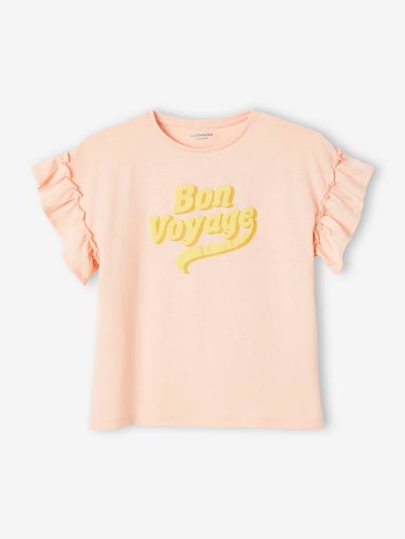 Short Sleeve T-Shirt with Message in Puff Ink & Ruffles, for Girls pale pink 