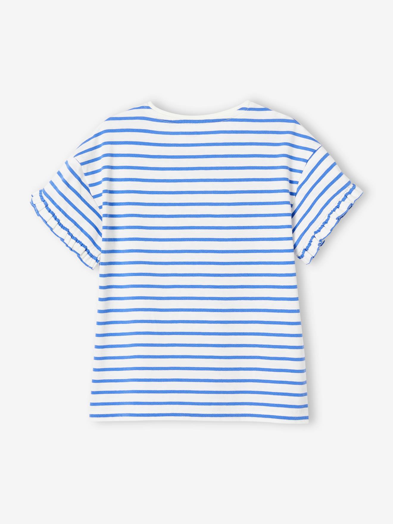 Striped T Shirt Sequinned Heart for Girls striped blue